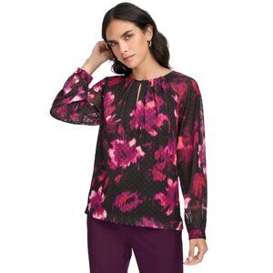 Calvin Klein Women's Pleat-Neck Long-Sleeve Blouse Black Pink Size XS MSRP $79